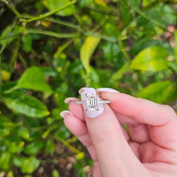 2 CT Rectangle Emerald Cut Moissanite Ring, Sterling Silver, Size 6, Rose Gold - Picture 3 of 8